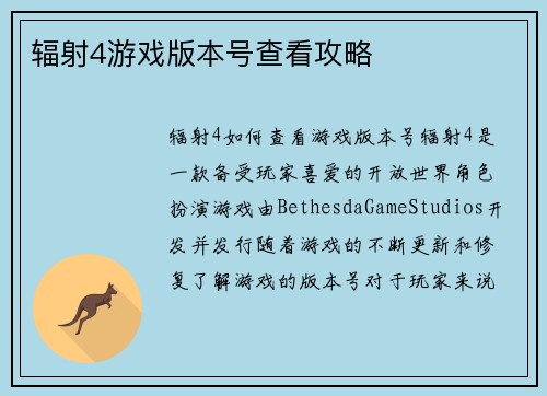 辐射4游戏版本号查看攻略